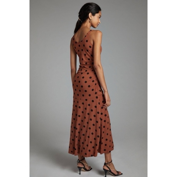 NWT!! ANTHROPOLOGIE Ruched Midi Dress Brown Black Polka Dots Party X-Small - Picture 8 of 14